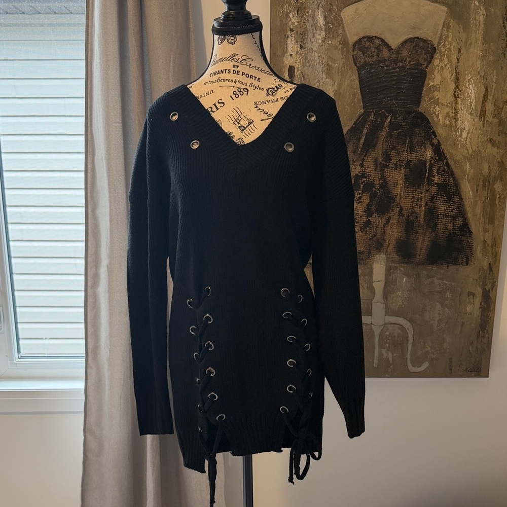 Black Lace-Up V-Neck Sweater - Women